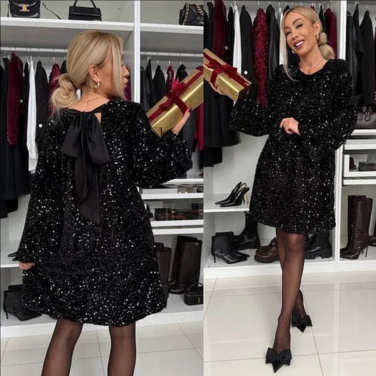 💖LAST DAY SALE 60% OFF✨Long Sleeve Loose Sequined Tie-back Dress