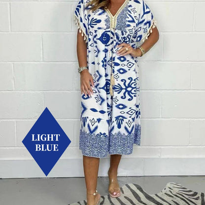 🎉Last Day Promotion 60% OFF💃🌼Women's V-Neckline Printed Tassel Casual Dress