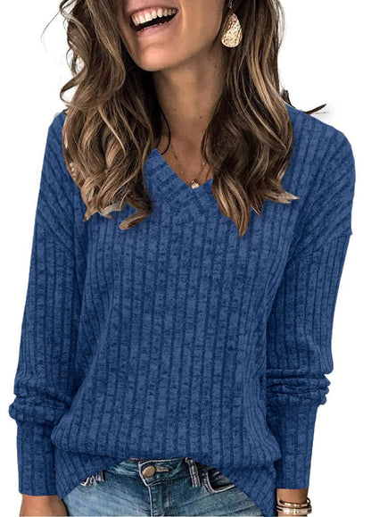 🍁Autumn Hot Sale 50% OFF🔥Women's V Neck Long Sleeve Solid Sweater