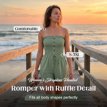 💃🌺Summer Hot Sale 60% OFF💐Women's Strapless Frill Trim Shirred Tie Front Wide Leg Tube Romper