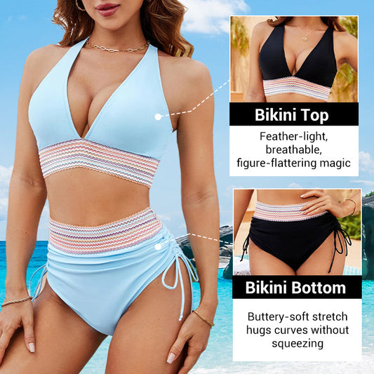 📢👙Flash Sale 60% OFF !!🏖️High Waisted Tummy Control Color Block Bikini Sets