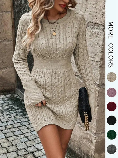💃Last Day 50% OFF❄️🖤Women's Winter Plain Round Neck Cable Knit Bodycon Sweater Dress