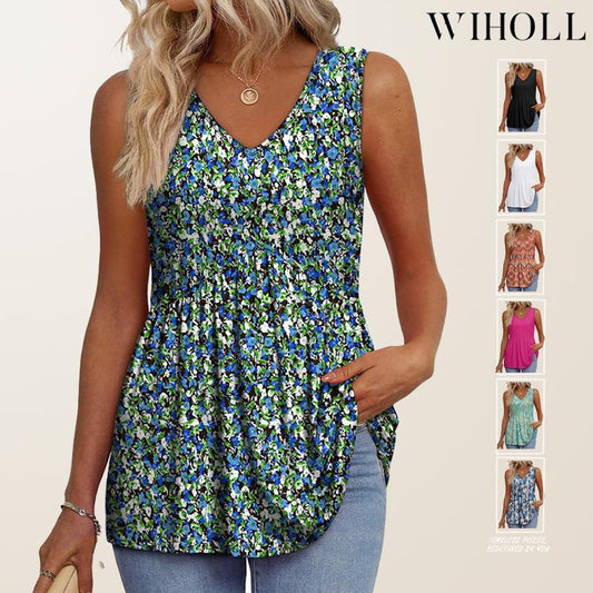 🌞HOT SALE 60% OFF👚Women's Print Flowy Sleeveless V Neck Peplum Tank Tops