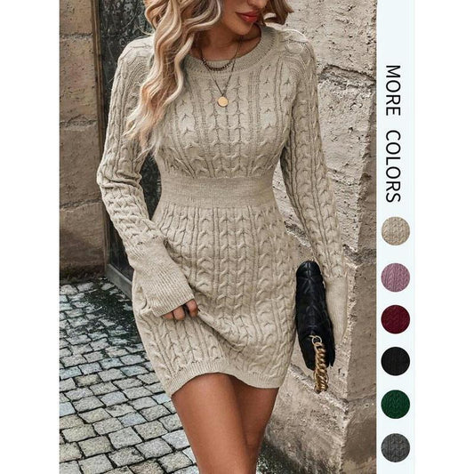 💃Last Day 50% OFF❄️🖤Women's Winter Plain Round Neck Cable Knit Bodycon Sweater Dress