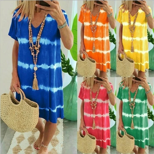 🔥Tie-dye Striped Short-sleeved Loose T-shirt Dress