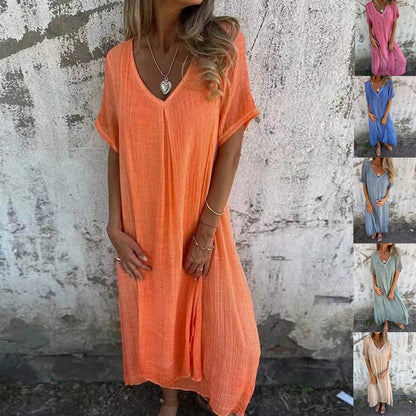 💥2025 Hot Sale 49% OFF💕Women's Loose V-neck Cotton Linen Dress