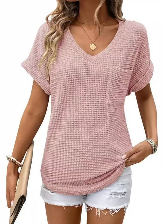 ⏰Hot Sale 65% OFF🎉Women's Oversized Waffle V Neck Short Sleeve Casual Top
