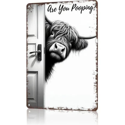 💝Vintage Highland Cow Sign – Funny"Are You Pooping?" Wall Decor😂