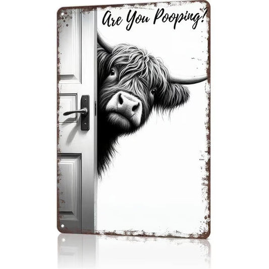 💝Vintage Highland Cow Sign – Funny"Are You Pooping?" Wall Decor😂