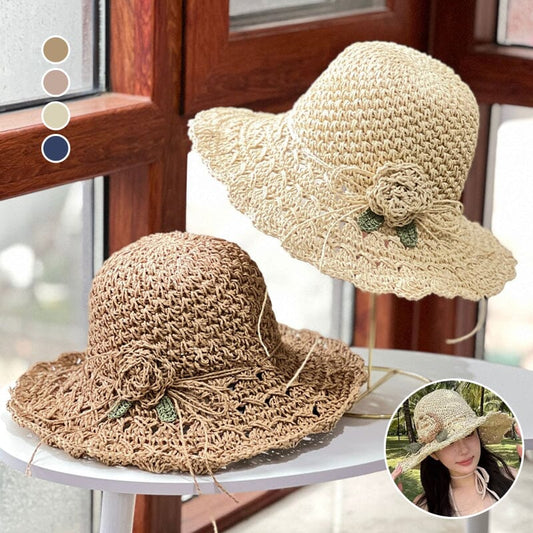 👒Elegant Crochet Straw Hat with Ruffle Detail