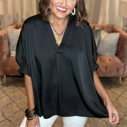 🎉 Last Day Promotion 60% OFF 🔥Classic Women's Blouse in Silk Satin with a V-neckline and Short Sleeves