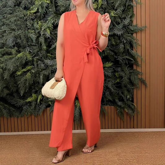 🌸Limited-Time Offer 60% OFF💝Women's Solid Color Casual V-Neck Tied Jumpsuit
