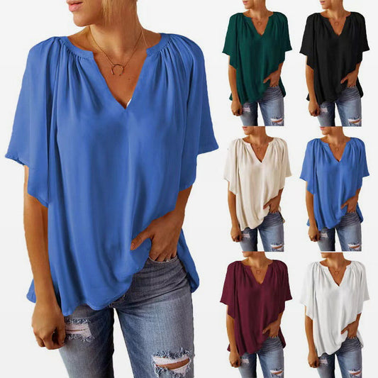 ✨Summer Hot Sale 49% OFf👗Women's Solid Color Summer Top with Batwing Sleeves and V-Neck