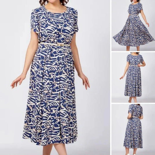 🔥2025 Summer Hot Sale 49% OFF🔥Women’s Trendy Blue Print Short Sleeve Flowy Dress with Belt