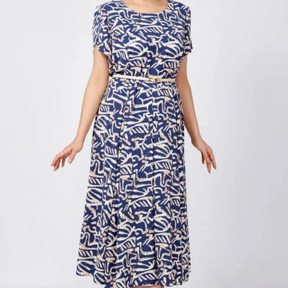 🔥2025 Summer Hot Sale 49% OFF🔥Women’s Trendy Blue Print Short Sleeve Flowy Dress with Belt