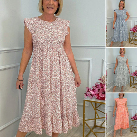 Big Sale 49%OFF⚡💃Women's Elegant Floral Print High-Waisted Ruffle Cap Sleeve Dress