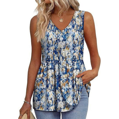 🌞HOT SALE 60% OFF👚Women's Print Flowy Sleeveless V Neck Peplum Tank Tops