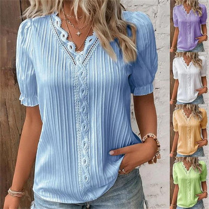 🩷Available in 10 colors❗💥V-Neck Plain Lace Elegant Shirt