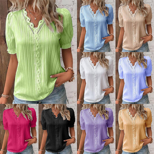 🩷Available in 10 colors❗💥V-Neck Plain Lace Elegant Shirt