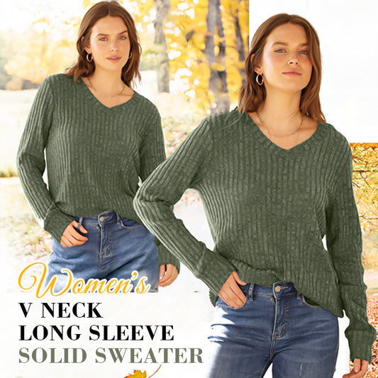 🍁Autumn Hot Sale 50% OFF🔥Women's V Neck Long Sleeve Solid Sweater