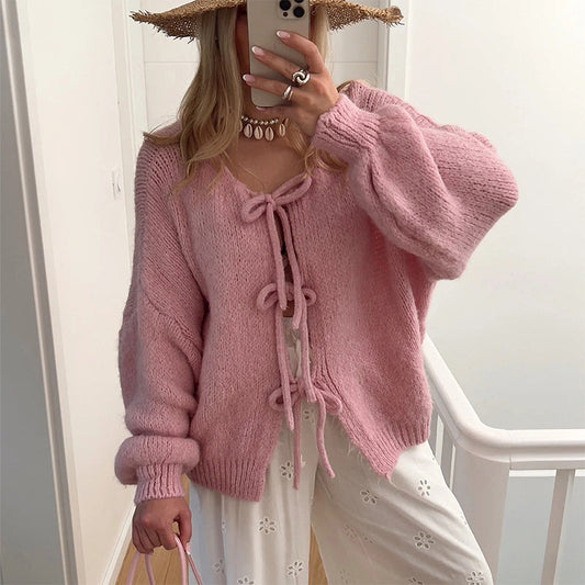 🍂Autumn Hot Sale 50% OFF💖Women's Long Sleeve Tie Front Knit Sweater🧶