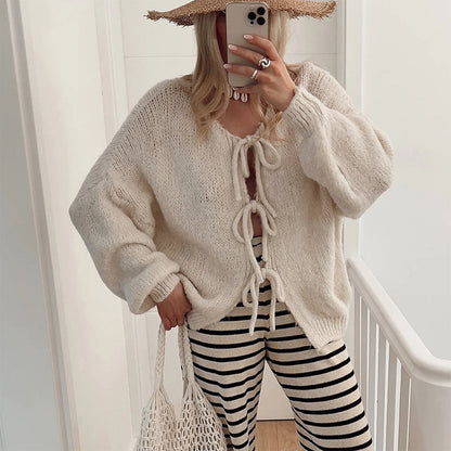 🍂Autumn Hot Sale 50% OFF💖Women's Long Sleeve Tie Front Knit Sweater🧶