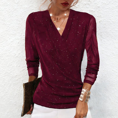 🎁✨Christmas Hot Sale 50% OFF🎅Women's Sparkle Crossover V-Neck Long Sleeve Top