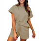 🏖️Summer Hot Sale 60% OFF🌼Women's Solid Textured Casual Short Sleeve Top Drawstring Shorts Set✨