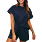 🏖️Summer Hot Sale 60% OFF🌼Women's Solid Textured Casual Short Sleeve Top Drawstring Shorts Set✨