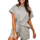 🏖️Summer Hot Sale 60% OFF🌼Women's Solid Textured Casual Short Sleeve Top Drawstring Shorts Set✨