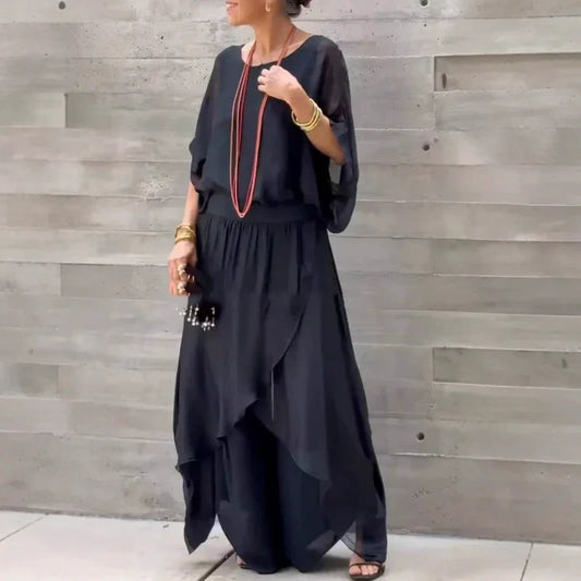 💋LAST DAY SALE 65% OFF💃Loose Top & Slit Wide-Leg Pants Chiffon 2-Piece Set