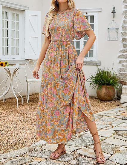 ⏳Limited-Time 50% Discount!!💞2026 Women's Casual Floral Print Short Flutter Sleeve Smocked High Waist Flowy Maxi Dress