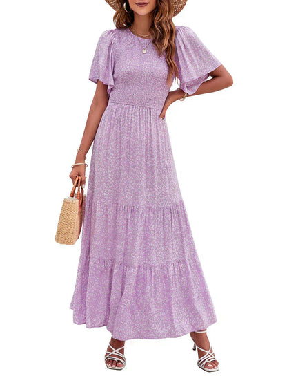 ⏳Limited-Time 50% Discount!!💞2026 Women's Casual Floral Print Short Flutter Sleeve Smocked High Waist Flowy Maxi Dress