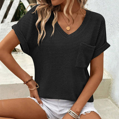 ⏰Hot Sale 65% OFF🎉Women's Waffle V Neck Short Sleeve Casual Top