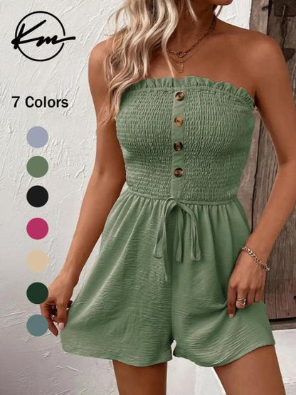 💃🌺Summer Hot Sale 60% OFF💐Women's Strapless Frill Trim Shirred Tie Front Wide Leg Tube Romper